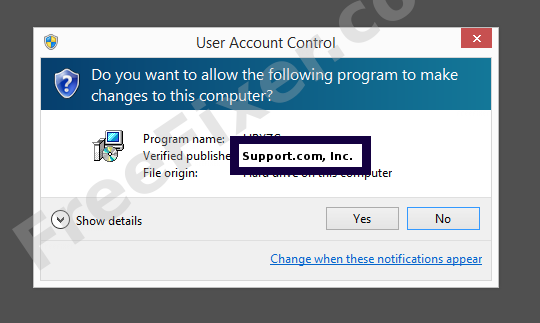 Screenshot where Support.com, Inc. appears as the verified publisher in the UAC dialog